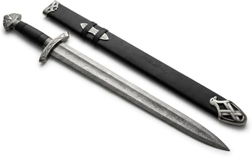 Viking Sword Real Damascus Steel Battle-Ready Northman Swords | Handmade Functional Viking Sword Prop | Gift for Him Prop Tools with Origional Leather Scabbard
