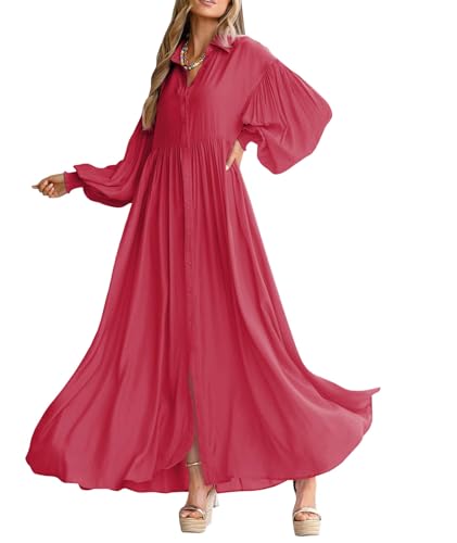 SOMTHRON Women's Summer V Neck Button Down Lantern Long Sleeve Pleated Flowy Split Maxi Long Shirt Dress RO-S Rose