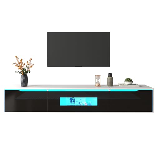 Meuble TV LED noir brillant 180 cm, ports 3D BTM