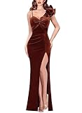VFSHOW Womens 2025 Winter Velvet Formal Prom Maxi Dresses Spaghetti Strap Ruffle One Shoulder Ruched Twist Front High Slit Evening Gown Dress (Brown, Large) 12048 BRW L