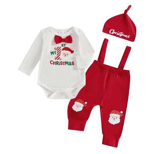 Karuedoo My 1st Christmas Baby Boy Outfit Letter Print Long Sleeve Bowtie Romper Suspender Pants with Hat 3Pcs Clothes Sets