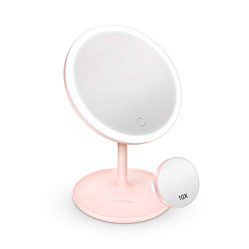 deweisn Lighted Makeup Mirror, LED Dressing Table Mirror with Removable Bracket Cosmetic Mirror with 10X Magnification Smart Switch and USB Charging Portable 90 u00b0 Rotation, Gift for Women (Pink)