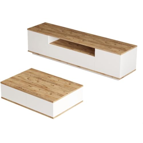 HOMIFAB Ensemble Meuble TV et Table Basse Blanc & Effet Bois - Ravia