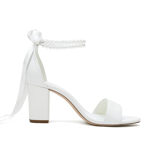 Women's Open Toe Block Heel Pearl Wedding Shoes for Bride Chunky Heeled Sandals Bridal Shoes Pumps3