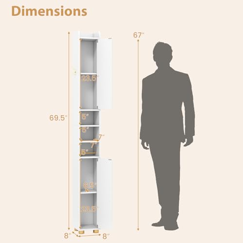 Image of Tangkula Narrow Bathroom Cabinet, 69.5 inch Tall Storage with 2 Doors & Adjustable Shelves, Toilet Paper Rod & Side Hook, Anti-toppling Design, Slim Floor Cabinet for Small Spaces (White, 2 Pack)