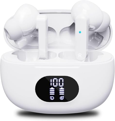 Evozy Wireless Earbuds, Bluetooth 5.3, 4-Microphone ENC Noise Cancelling, 50H Playtime, Dual LED Power Display, Sport Earphones with Earhooks, IP7 Waterproof, Running Wireless Headphones