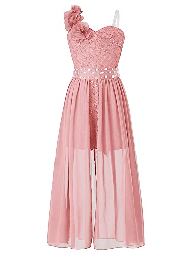 Sholeno Kids Flower Girls Beaded Lace One Shoulder Party Jumpsuit Dress Wedding Birthday Evening Dance Gown2