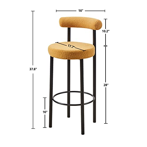 Cozy Castle Fuzzy Sherpa 28-Inch Bar Chair For Kitchen Set Of 2, Upholstered Boucle Bar Stool, Round Metal Base Modern Barstool, Yellow #TOP1
