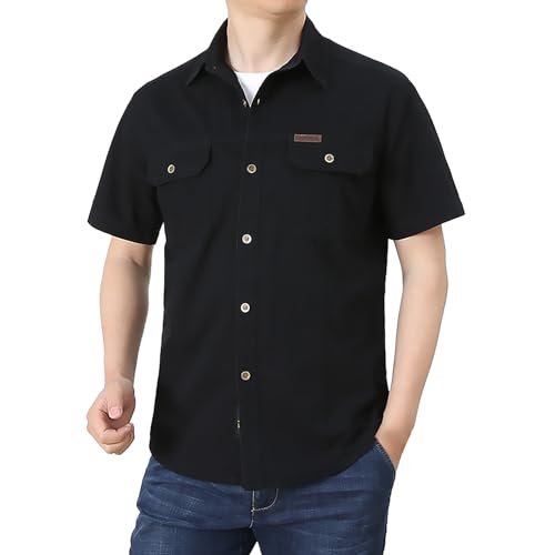 Made with 100% Cotton Short Sleeve Shirts Men Army Military Style Solid Shirt Formal Or Casual Shirt Simple Work Shirts Comfortable Button Down Shirt Soft Cooling Everyday Athletic Wear Black