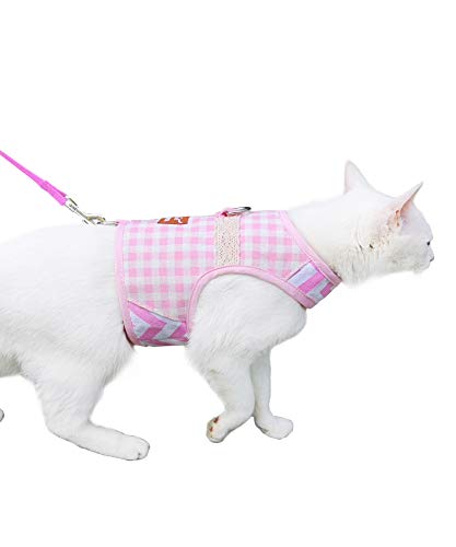 Yizhi Miaow Cat Harness and Leash for Walking Escape Proof, Adjustable Cat Vest Harness, Padded Stylish Cat Walking Jackets, Pink Plaid, Medium