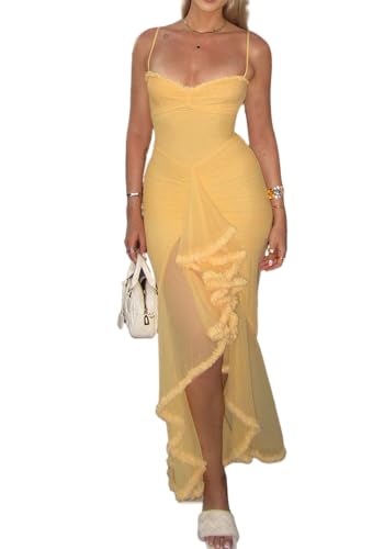 NRTHYE Women Elegant Irregular Ruffles Hem Maxi Dress Mesh Ruched Sleeveless Backless Pleated Long Party Club Dresses