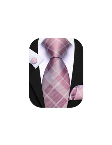 Image of Barry.Wang Plaid Ties Check Mens Necktie Set with Handkerchief Cufflinks Classic Stripe