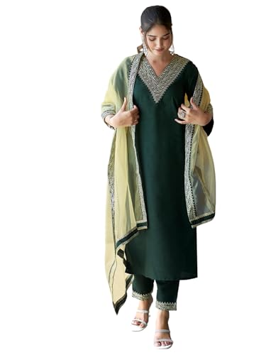 Image of Sanisa Women's Silk Sequence Embroidery Work Straight Kurta With Pant And Dupatta | Ethnic Set | Suit Set | Kurta Set(104KBD1136N-M Dark Green)