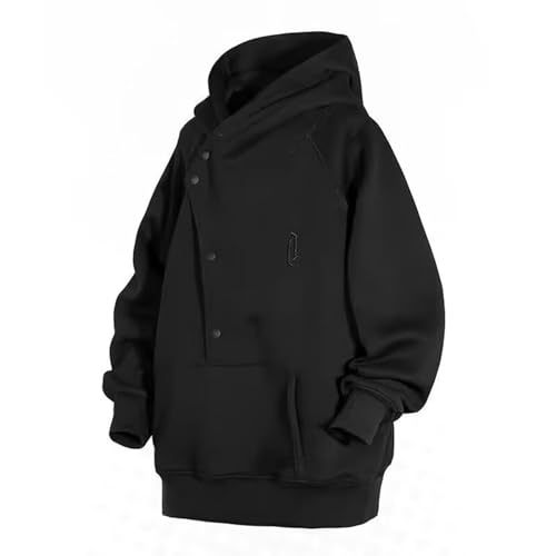 Hoodie Oversized - Sudadera con capucha para hombre, estilo retro, con cuello alto, primavera, suelta, de alta calle, hip-hop, sudadera con capucha, sudadera de poliéster para hombre, Negro , M