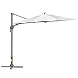 Outsunny Sombrilla de 300 cm de Aluminio Luces LED Protección UV 50+ Giratorio 360° con Manivela Panel Solar Techo Reclinable Base Cruzada Blanco