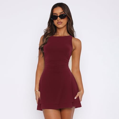Image of YOXUA Women's Boat Neck Dresses Sleeveless Ruched Elastic Waist Casual Tiered Layered Ruffle Hem A-Line Short Dress