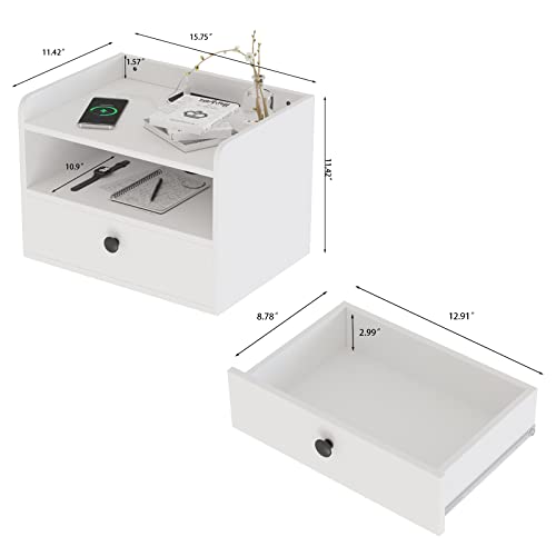 Hoseoka Floating Nightstands Set Of 2, Modern White Nightstands With Charging Station And Usb Ports Wall Mounted Bedside Tables With Storage Drawer For Home Bedroom, Bathroom, Living Room #TOP2