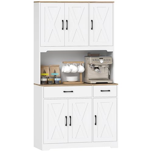 HOMCOM Alacena de Cocina Alta, Mueble Auxiliar de Cocina, con 6 Puertas, Encimera Abierta para Microondas, 2 Cajones, Estantes Ajustables, Orificio para Cable, 94x39,5x175,2 cm, Blanco