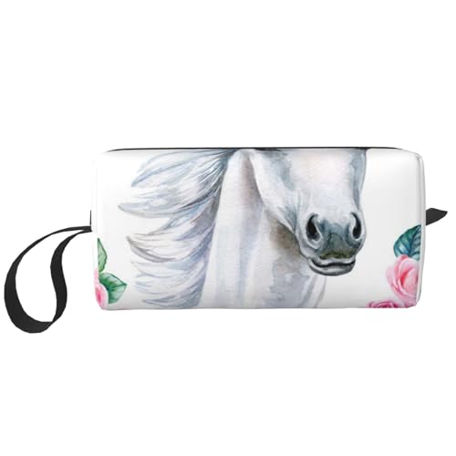 Borsa per il trucco per la ricezione per cosmetici da viaggio da toilette per portatile Organizer Cavallo Bianco Con Fiori Rosa