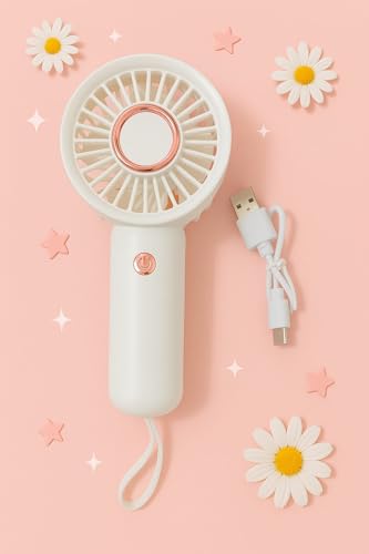 Image of Portable Handheld USB Rechargeable Fan, White with Rose Gold Accents, Mini Personal Cooling Fan with Wrist Strap