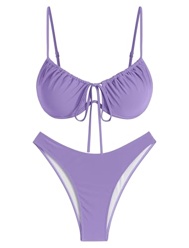 Jillumi Bikini Sets for Women Underwire Bathing Suit Two Piece Swimsuit High Cut Cheeky Cute Swimwear Purple — view 5