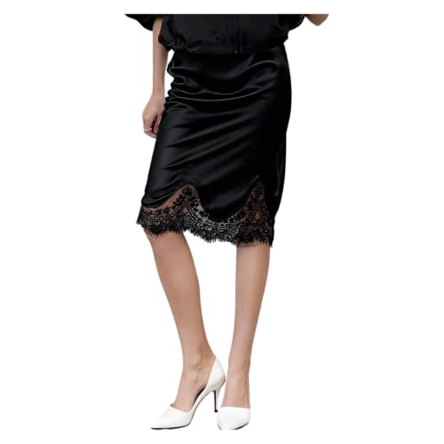 Jupe en satin haut de gamme avec dentelle délicate et coupe midi