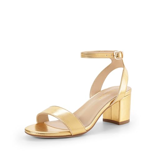 DREAM PAIRS Women's Open Toe Ankle Strap Low Block Chunky Heels Sandals Party Dress Pumps Shoes 5 Gold/Metallic