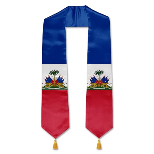 YOXEULL Haiti Flag Graduation Stole with Gold Tassels, Unisex Adult Haitian Graduation Honor Scarf