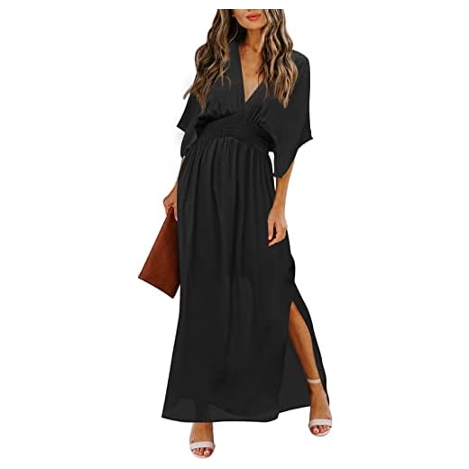 Meenew Women's Deep V Neck Summer Maxi Dress Flowy Long Beach Dress Black S