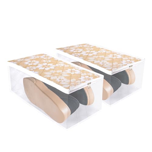 Image of Kuber Industries Shoe Cover | Waterproof Shoe Storage Bag | Travel Shoe Storage Bag | Side Visible Window Shoe Organizer | Shoe Protector Bag | Flower Quilted | Pack of 2 | Golden
