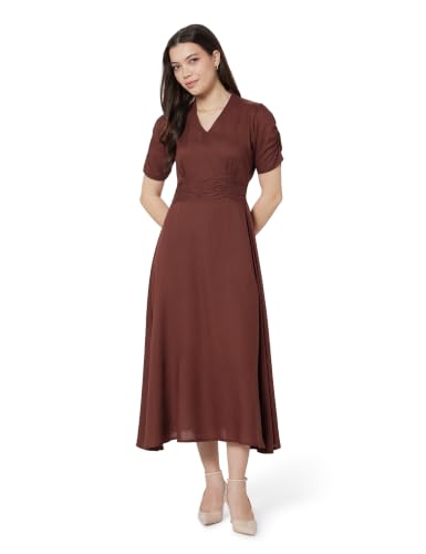 Image of Amazon Brand - Symbol Women's V-Neck Midi Dress | Ruched Waist, Puff Sleeves, A-Line Flared (Available in Plus Sizes)