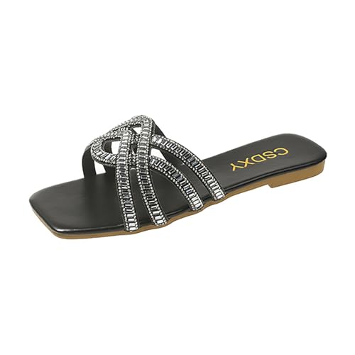 Sparkle Rhinestone Strappy Flat Slipper for Women Square Open Toe Slip on Flat Sandals Soft Sole Fashion Casual Dressy Slides Sandals for Outdoor Beach Vacation