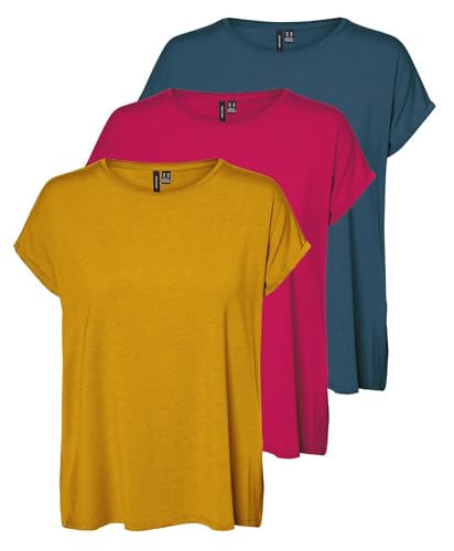 VERO MODA Damen VMAVA Plain SS TOP GA JRS 3-Pack Kurzarm Shirt, Golden Yellow/Bright Rose/Moroccan Blue, XXL