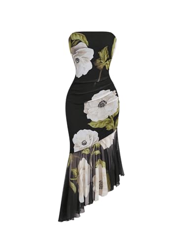 Image of MakeMeChic Women's Floral Tube Dress Strapless Ruched Ruffle Hem Bodycon Midi Dresses Multicolor Medium