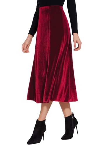 ZXIHZF Women’s Elegant Vintage Velvet Midi Skirt Flowy 8-Panel Design (US, Alpha, Small, Regular, Regular, Red)