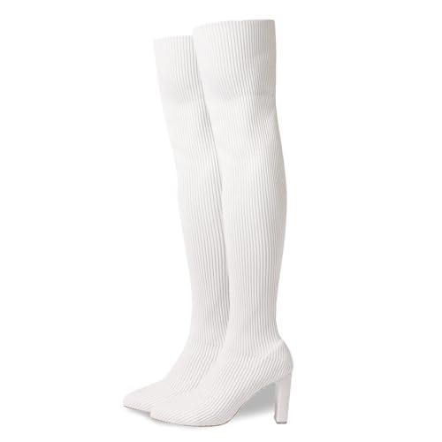 Women's Thigh High Boots Over the Knee Boots Stretchy Knitted Boots Knee High Stocking Boots Chunky High Heel Sock Boots