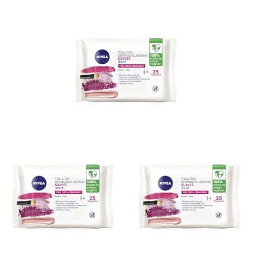 NIVEA Toallitas Desmaquilladoras Suaves (1 x 25 ud), toallitas desmaquillantes para piel seca y sensible, toallitas húmedas para rostro, ojos, labios y cuello (Paquete de 3)