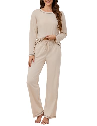 Image of KCW Womens Pajamas Sets 100% Cotton 2 Piece Lounge Set Long Sleeve Tops and Pants Soft Pjs Sleepwear with Pockets