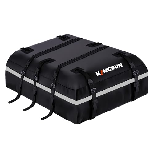 Kingfun Car Rooftop Cargo Carrier – Waterproof 20 Cubic Feet Car Roof Bag Fit All Vehicles with/Without Roof Racks, Includes Anti-Slip Mat, 8 Reinforced Straps & 6 Door Hooks, Luggage Locks?Black?