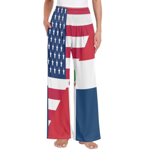 Pantalon Palazzo GuoChe pour femme à taille smockée motifs drapeaux USA et République Dominicaine