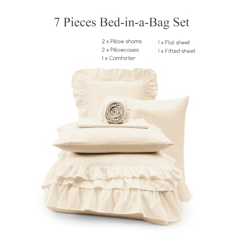 Image of Queen Comforter Set Whisper White Ruffle 7 Pieces Farmhouse Bed in a Bag | Shabby Chic Fluffy All Season Bedding Sets with Sheets, Pillowcases & Shams
