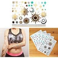 COKOHAPPY 5 Sheets Metallic Temporary Tattoo 150+ Universal Sun Moon Star Gold Silver Shine Beach Armband