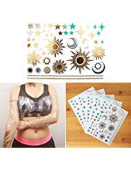 Cokohappy 5 Sheets Metallic Temporary Tattoo 150+ Universal Sun Moon Star Gold Silver Shine Beach Armband #TOP8