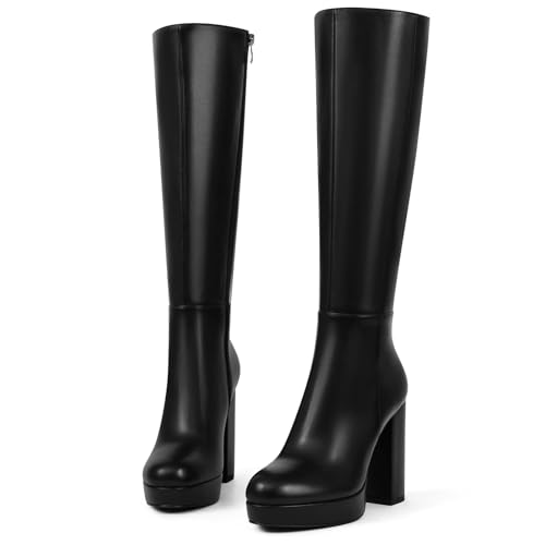Platform Knee High Boots Women Chunky High Heel Boots for Women Round Toe Side Zipper Tall Boots Gogo Boots Wide Calf
