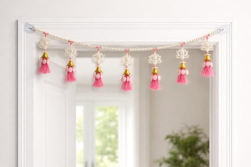 Image of Handcrafted Pearl Lotus Door Toran | 3 Feet Decorative Bandhanwar with Pink Tassels | Traditional Wall Hanging for Main Door, Pooja, Diwali, Wedding & Griha Pravesh
