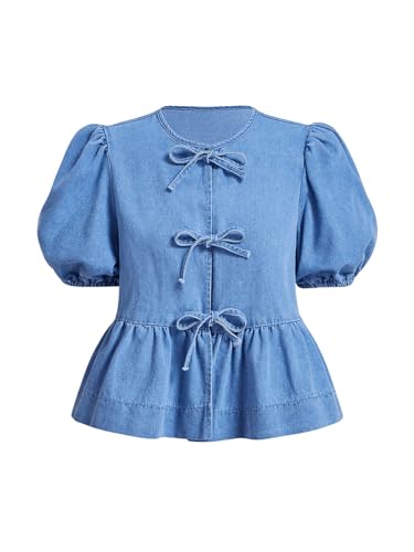 Verdusa Women's Y2k Denim Peplum Blouse Shirt Short Sleeve Tie Front Ruffle Babydoll Tops Light Wash Large