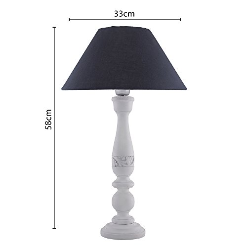 Image of Homesake Handcrafted Wooden Table Lamp for Bedroom & Living Room|Decorative Bedside Reading Lamp with Fabric Shade, E27 Holder|Bulb Included|White Floral Carved Base for Home Decor, Black
