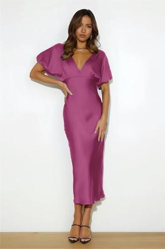 Image of Summer Satin V Neck Puffy Sleeves Empire Waist Midi Dresser Silk Sexy Tie Back Formal Cocktail Dresser for Women Wedding