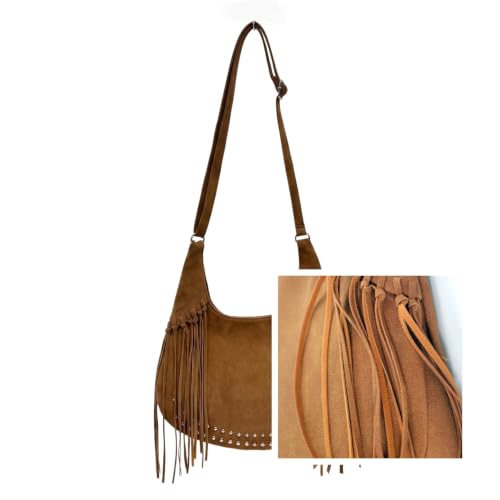 Image of Women Vintage Suede Fringe Hobo Bag Tote Shoulder Bag Crossbody Bag and Hippie Western Cowgirl Purse Shoulder Bag