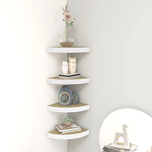 Estanterías, estantes de pared y repisas, estantes esquineros de pared para el hogar, 4 unidades, roble y blanco MDF de 25 x 25 x 3,8 cm